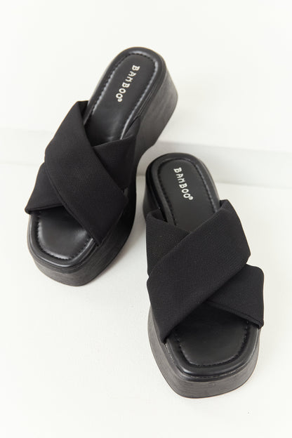 Black Cross Strap Slip On Open Toe Platforms