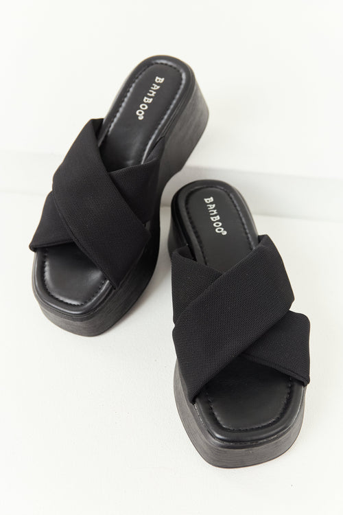 Black Cross Strap Slip On Open Toe Platforms