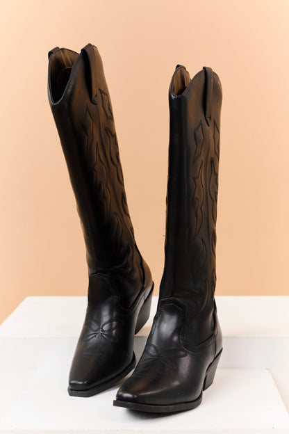 Black Faux Leather Western Embroidered Tall Boots