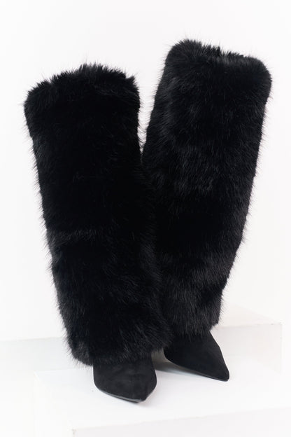 Black Microsuede Faux Fur Overlay Stiletto Boots