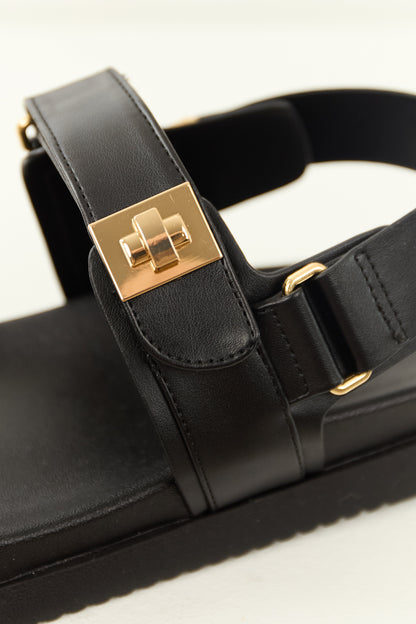 Black Pleather Open Toed Velcro Strap Sandals