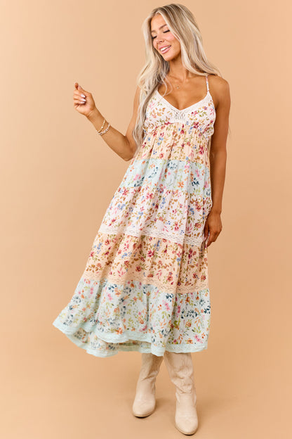 Blush Colorblock Floral Tiered Lace Maxi Dress