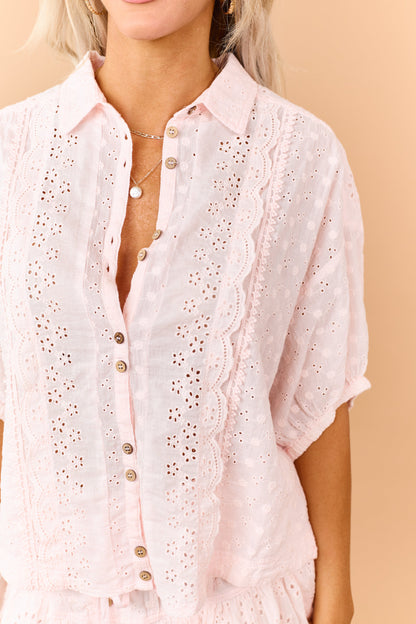 Blush Eyelet Cotton Scalloped Button Down Top