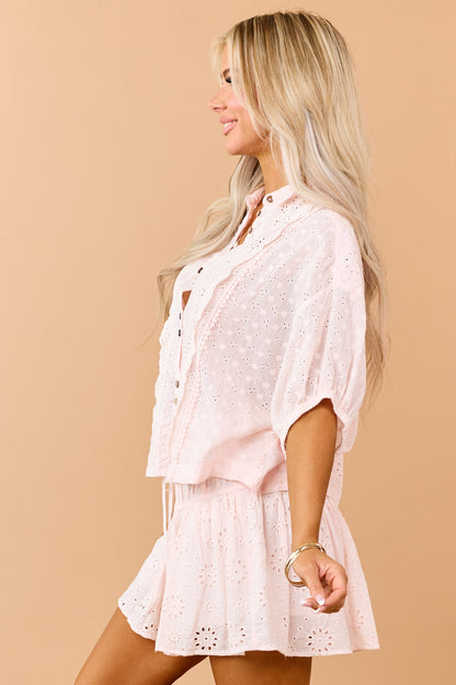 Blush Eyelet Cotton Scalloped Button Down Top