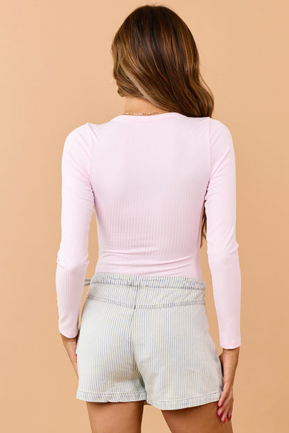 Blush Long Sleeve Button Front Ribbed Bodysuit