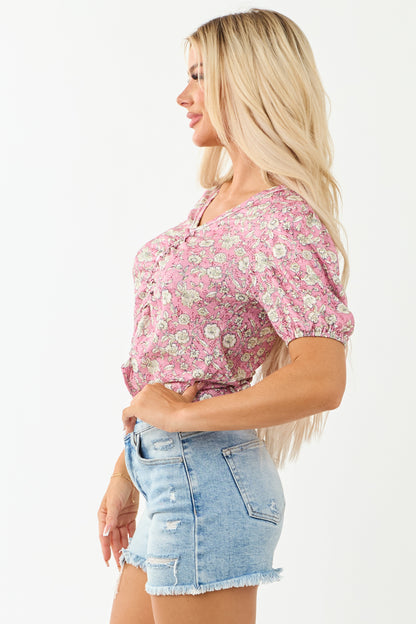 Bubblegum Floral Print Ruched Short Sleeve Top