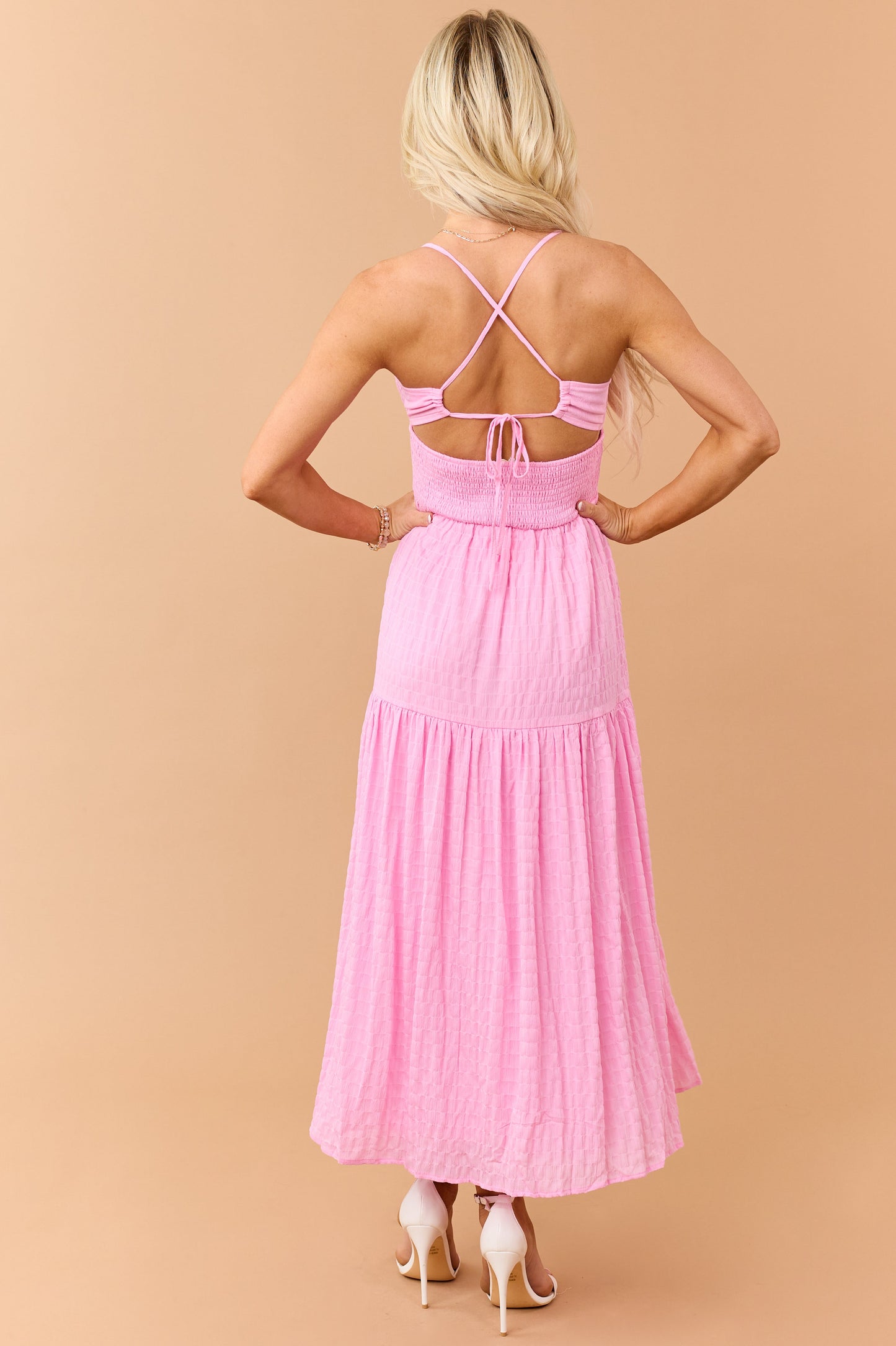 Bubblegum Smocked Waist Cross Strap Maxi Dress