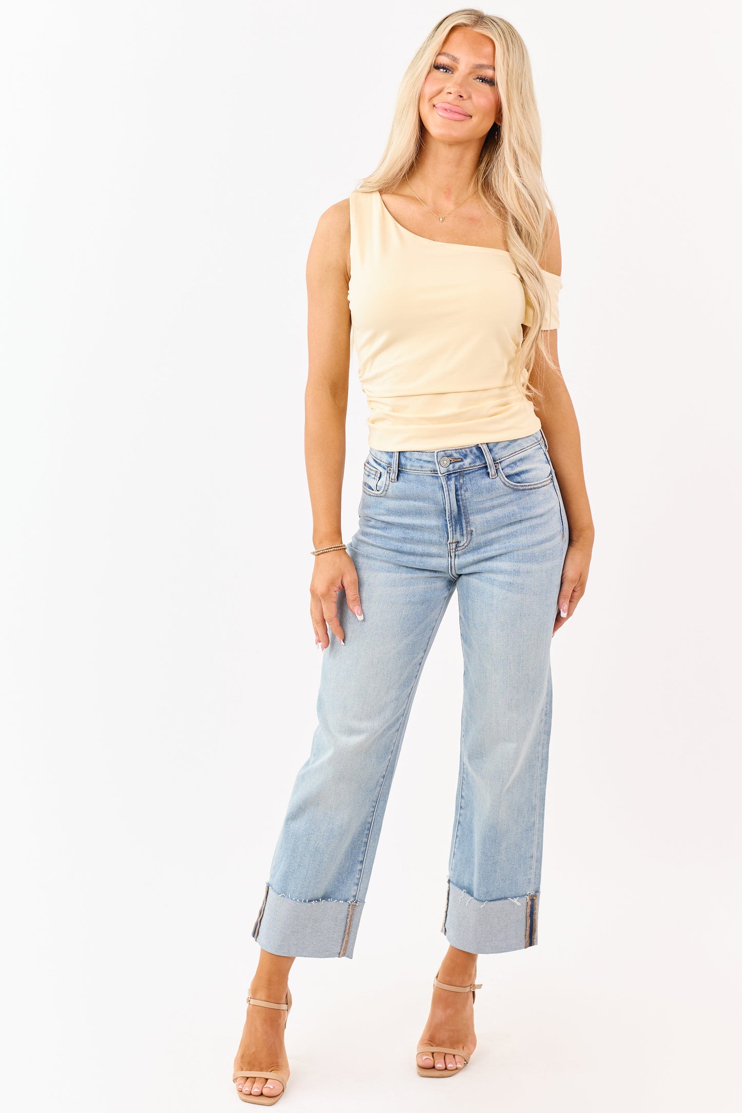 Buttercream One Shoulder Ruched Short Sleeve Top