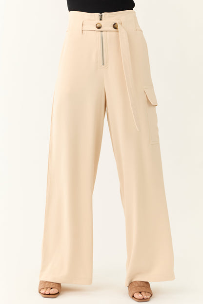 Champagne Belted High Waist Wide Leg Pants
