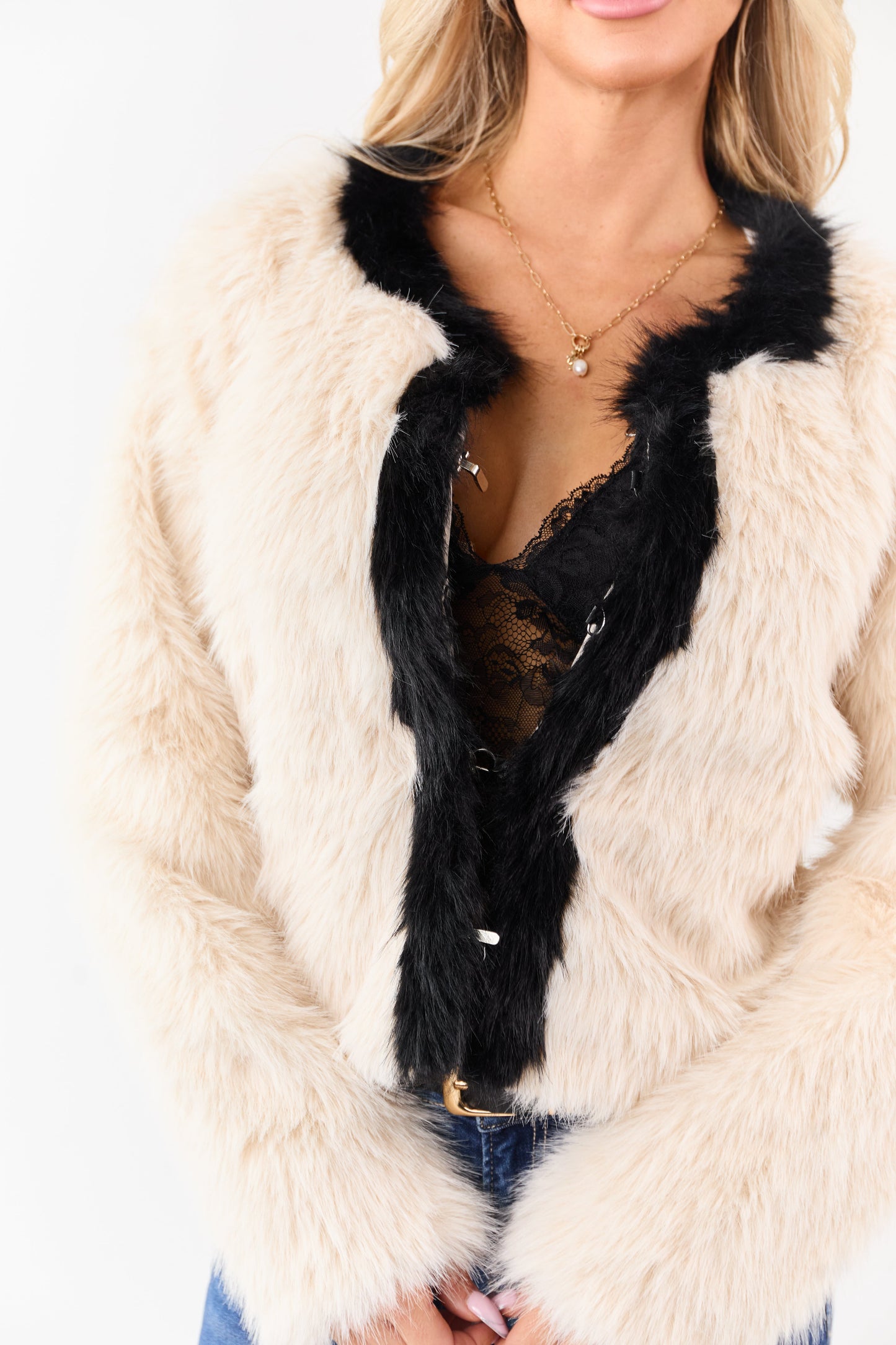 Champagne Faux Fur Contrast Trim Jacket