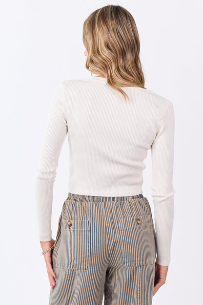 Champagne Rib Knit V-Neck Cropped Sweater Top