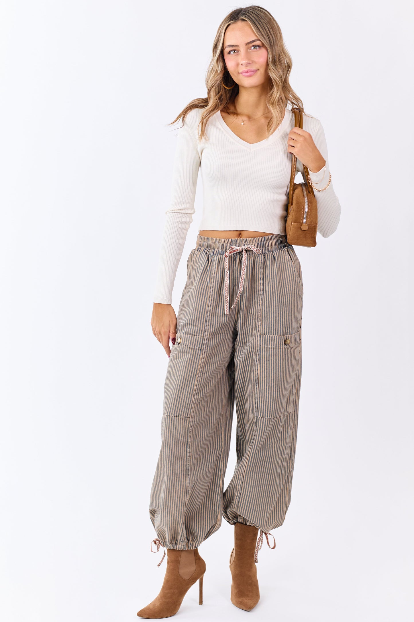 Champagne Rib Knit V-Neck Cropped Sweater Top
