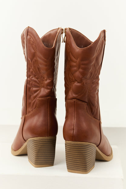 Cinnamon Faux Leather Block Heel Cowboy Boots