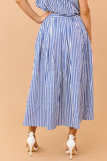 Cobalt and Off White Striped Cotton Maxi Skirt