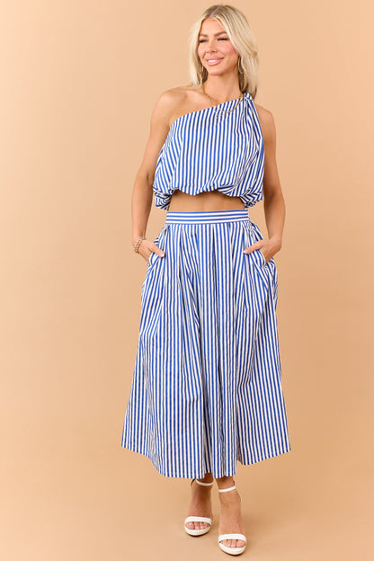 Cobalt and Off White Striped Cotton Maxi Skirt