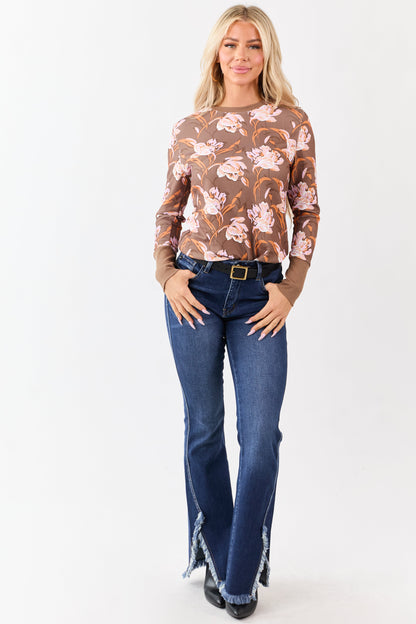 Coffee Floral Print Waffle Knit Long Sleeve Top