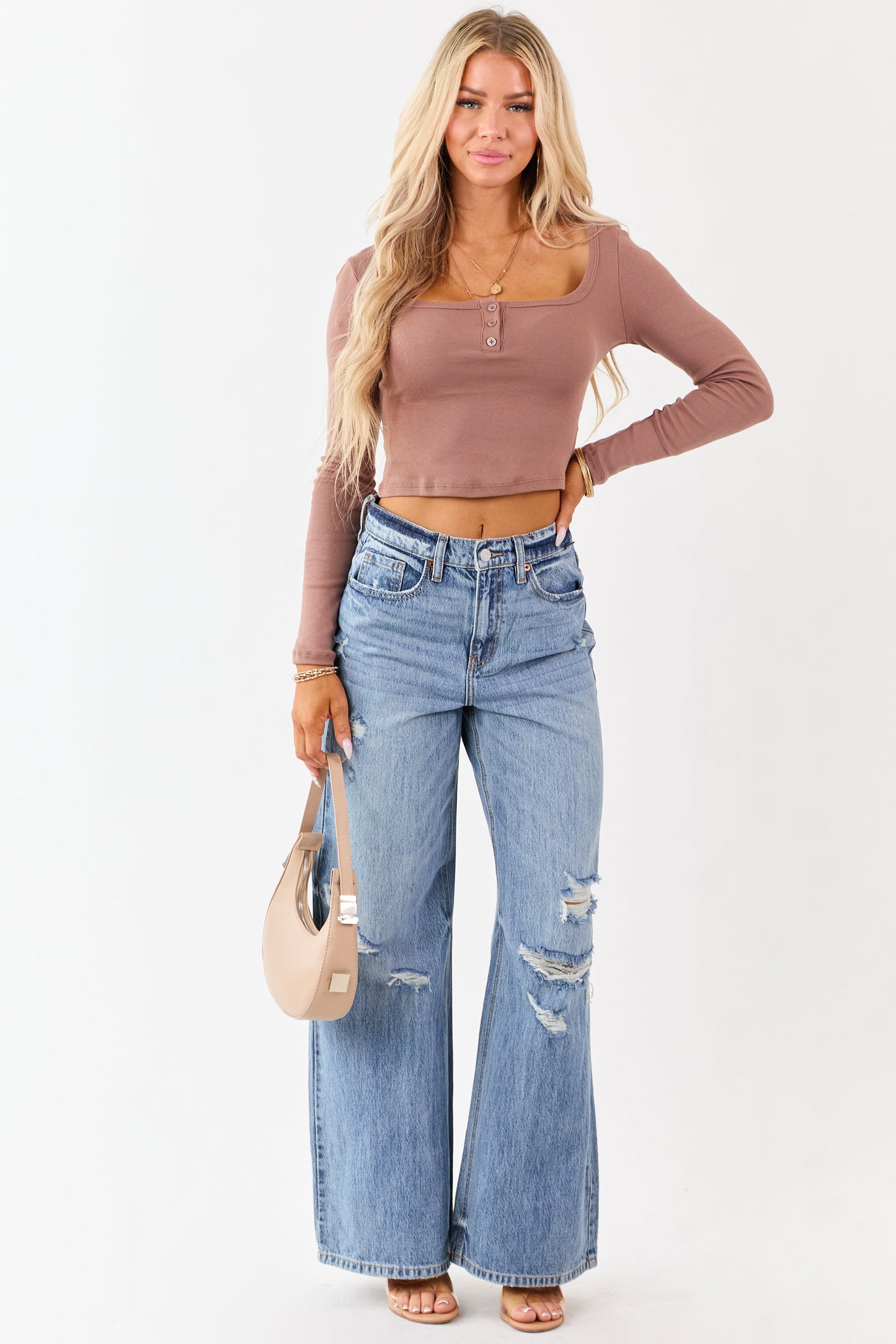 Coffee Long Sleeve Crop Cotton Henley Top