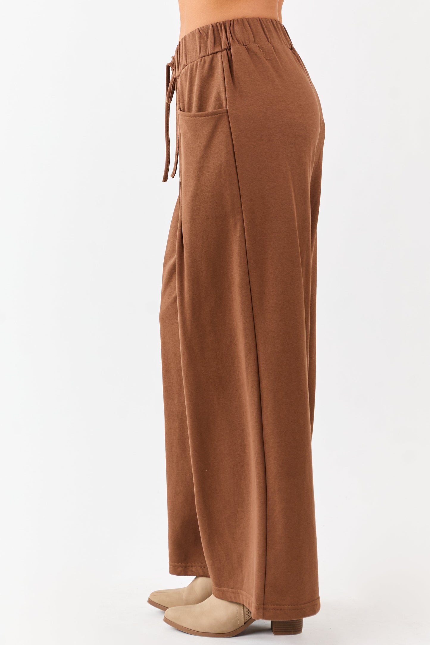 Coffee Wide Leg Pleated Waist Knit Sweatpants