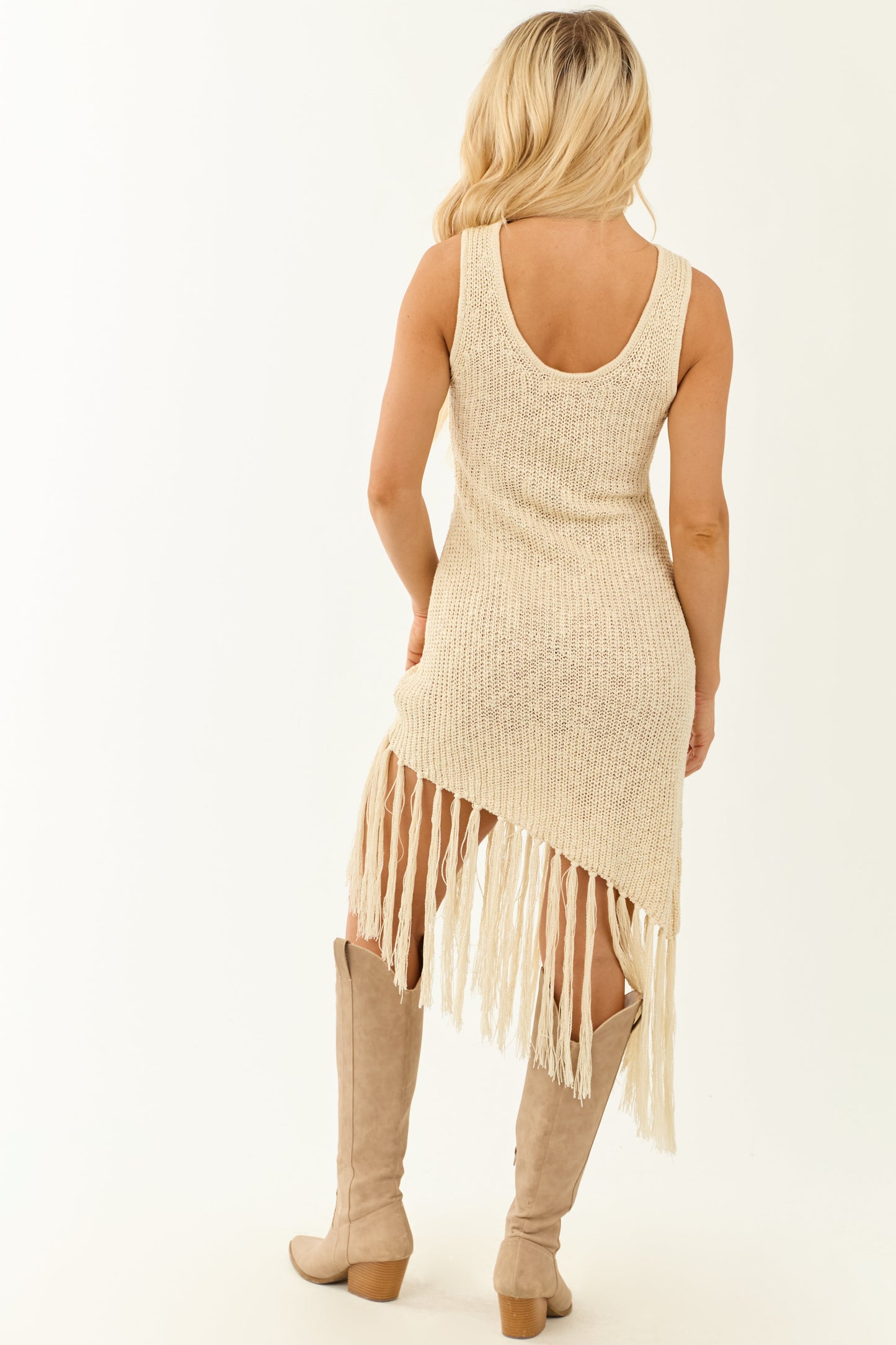 Cream Asymmetrical Tassel Hem Knit Midi Dress