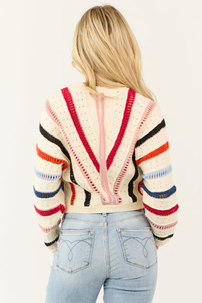 Cream Colorful Stripe Pointelle Knit Sweater