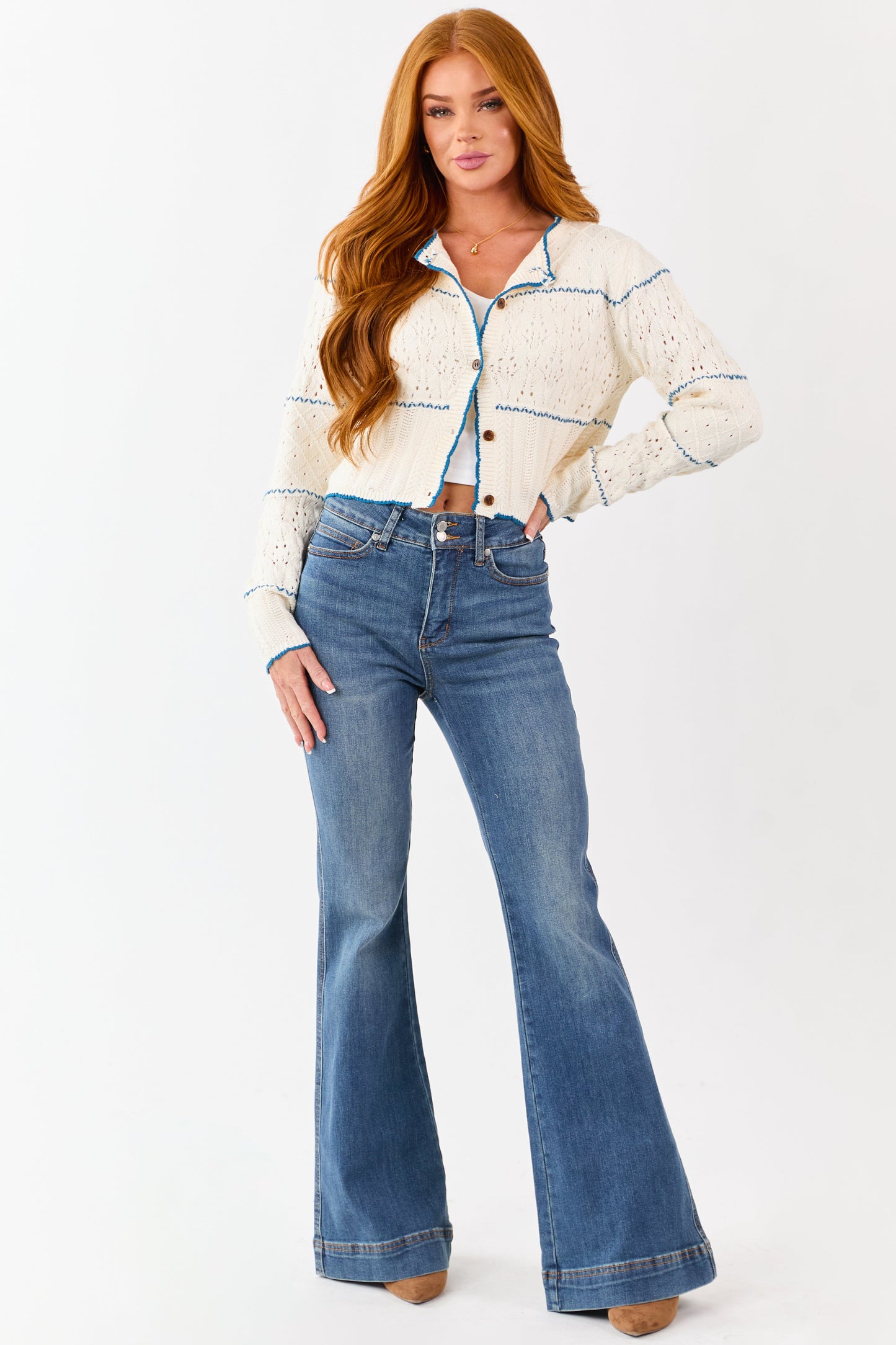 Cream Contrast Stitch Pointelle Button Up Cardigan
