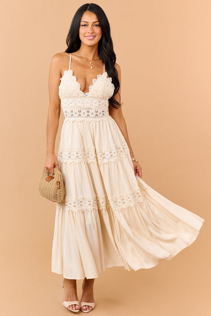 Cream Crochet Lace Open Back Tiered Maxi Dress