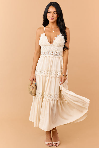Cream Crochet Lace Open Back Tiered Maxi Dress
