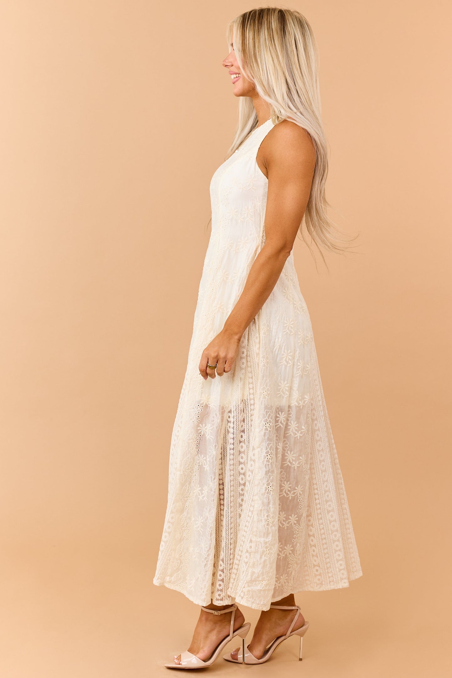 Cream Eyelet Lace Embroidered Sleeveless Maxi Dress