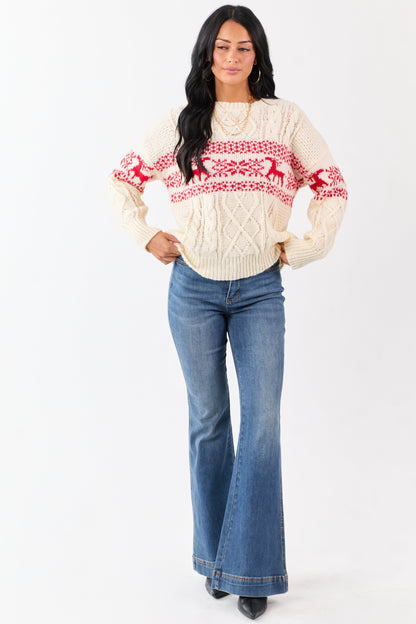 Cream Fair Isle Holiday Pattern Cable Knit Sweater