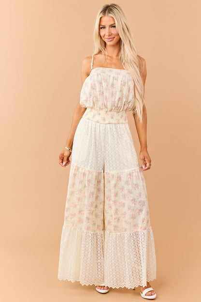 Cream Floral Print Cotton and Lace Panel Jumpsuit