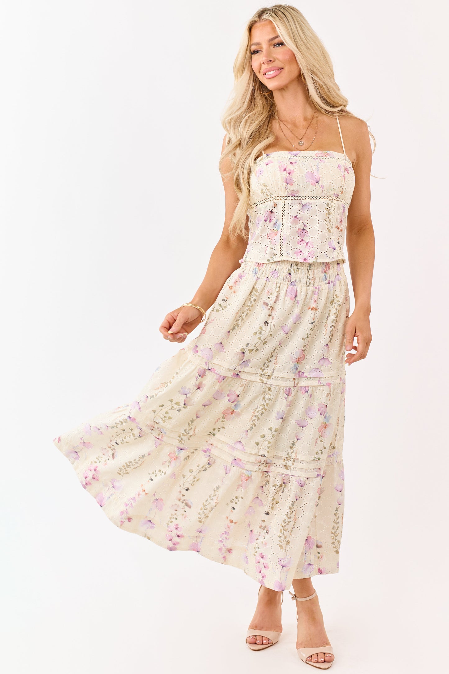 Cream Floral Print Eyelet Tiered Midi Skirt