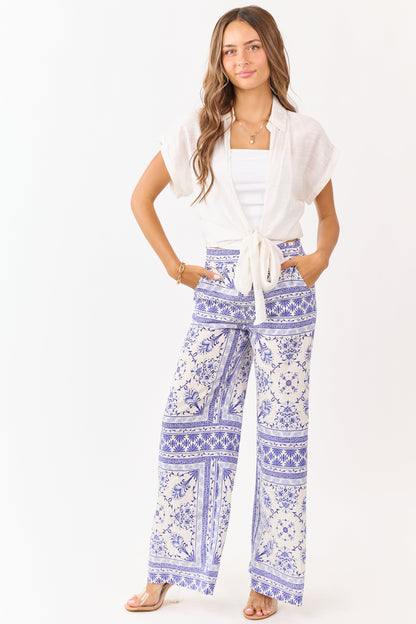 Cream Floral Tile Print Lightweight Wide Leg Pants