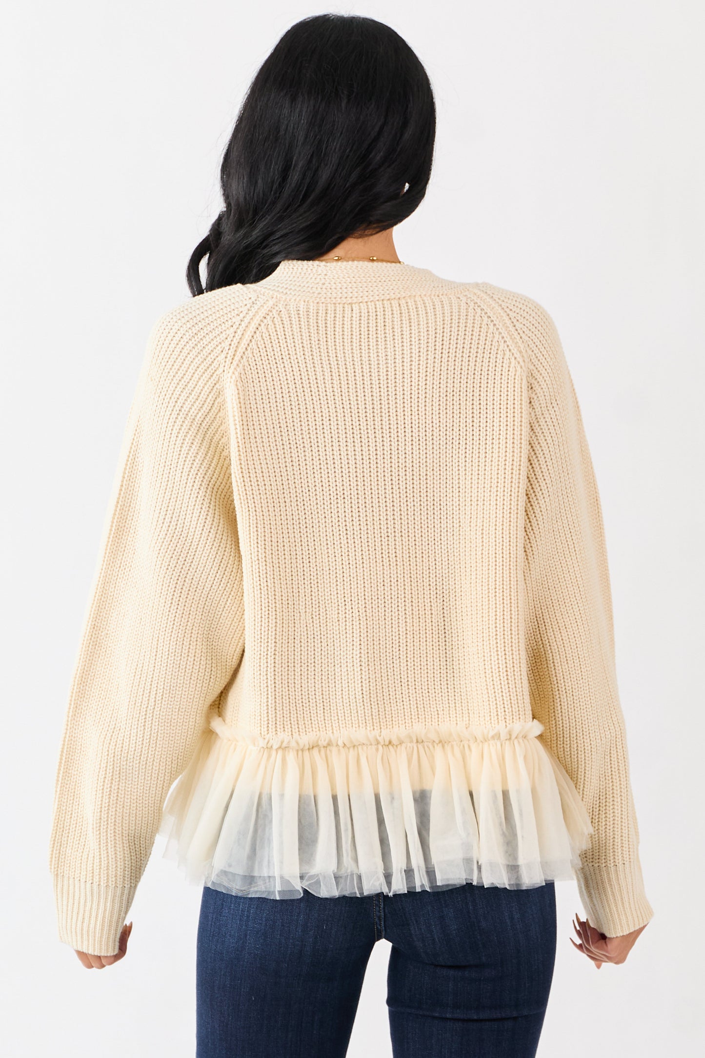 Cream Knit Open Front Tulle Ruffle Hem Cardigan