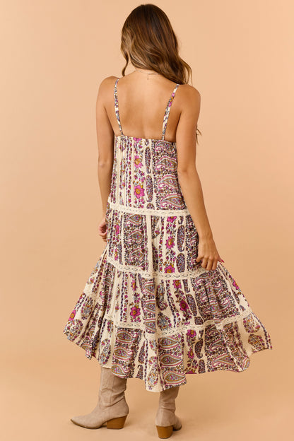 Cream Paisley Floral Print Tiered V-Neck Midi Dress