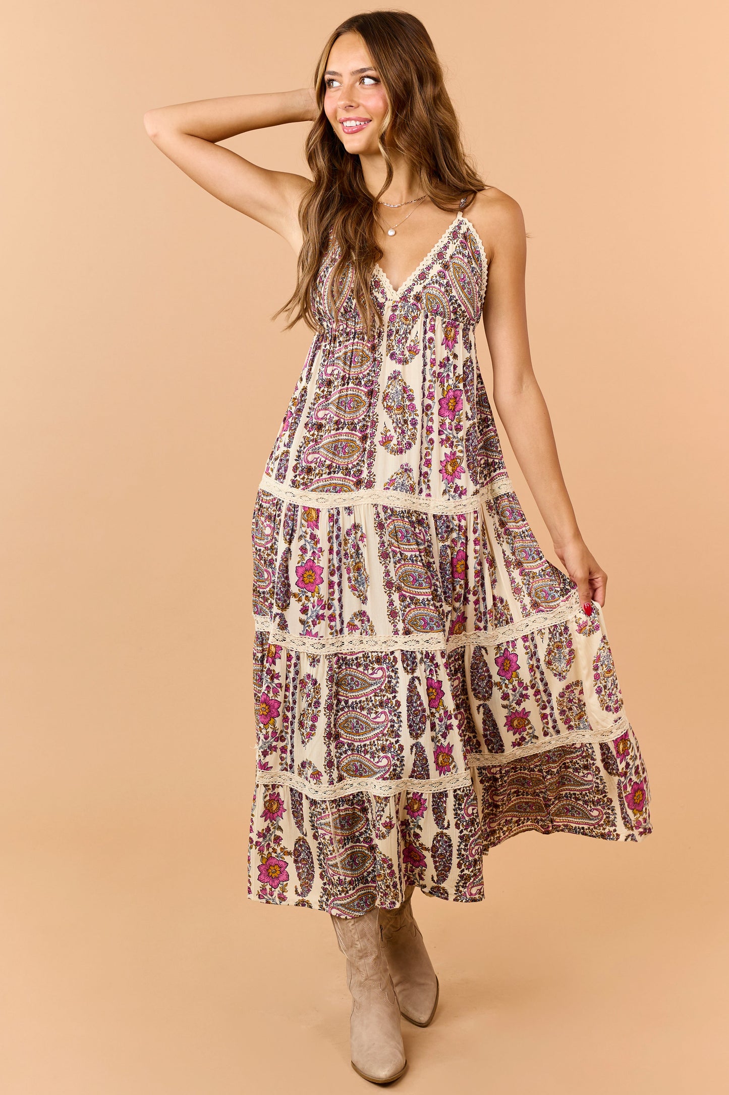Cream Paisley Floral Print Tiered V-Neck Midi Dress