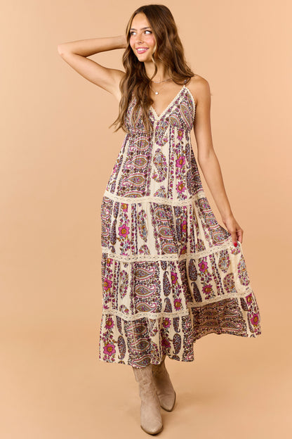 Cream Paisley Floral Print Tiered V-Neck Midi Dress