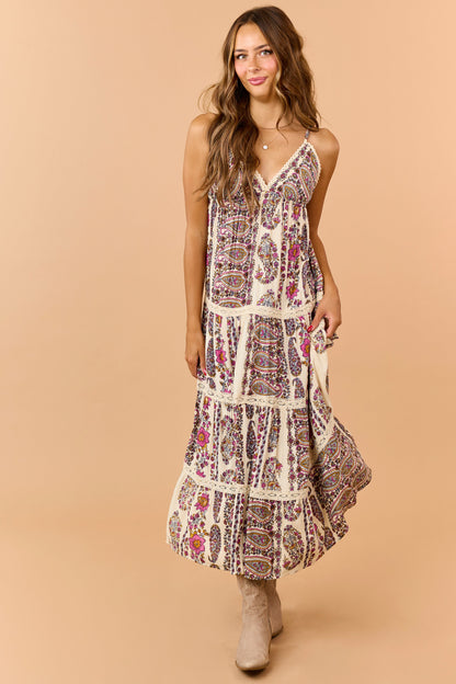 Cream Paisley Floral Print Tiered V-Neck Midi Dress