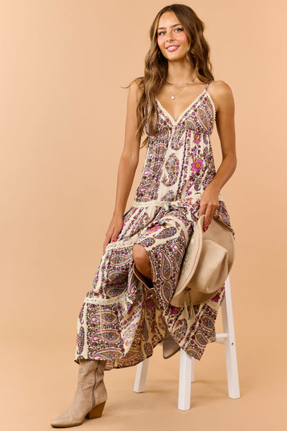 Cream Paisley Floral Print Tiered V-Neck Midi Dress