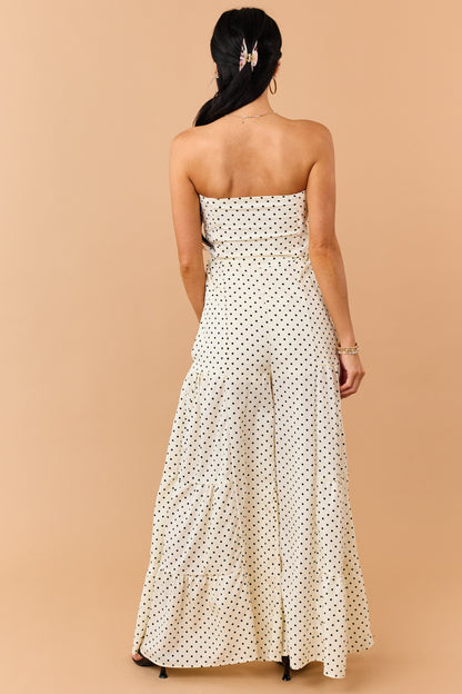Cream Polka Dot Strapless Front Tie Jumpsuit