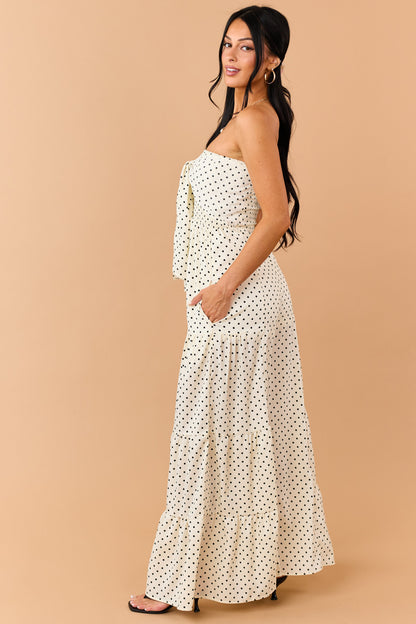 Cream Polka Dot Strapless Front Tie Jumpsuit
