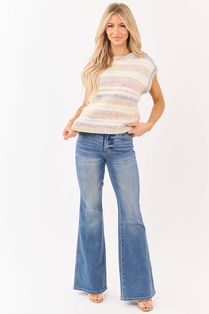 Cream Striped Fuzzy Short Sleeve Sweater Top