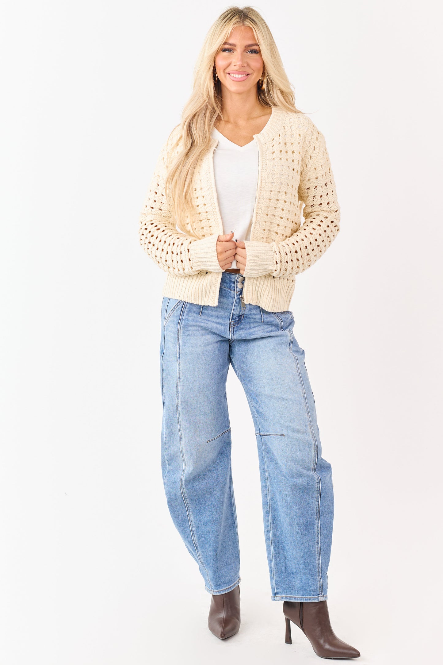 Cream Zip Up Open Knit Sweater Cardigan
