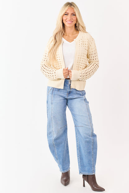 Cream Zip Up Open Knit Sweater Cardigan