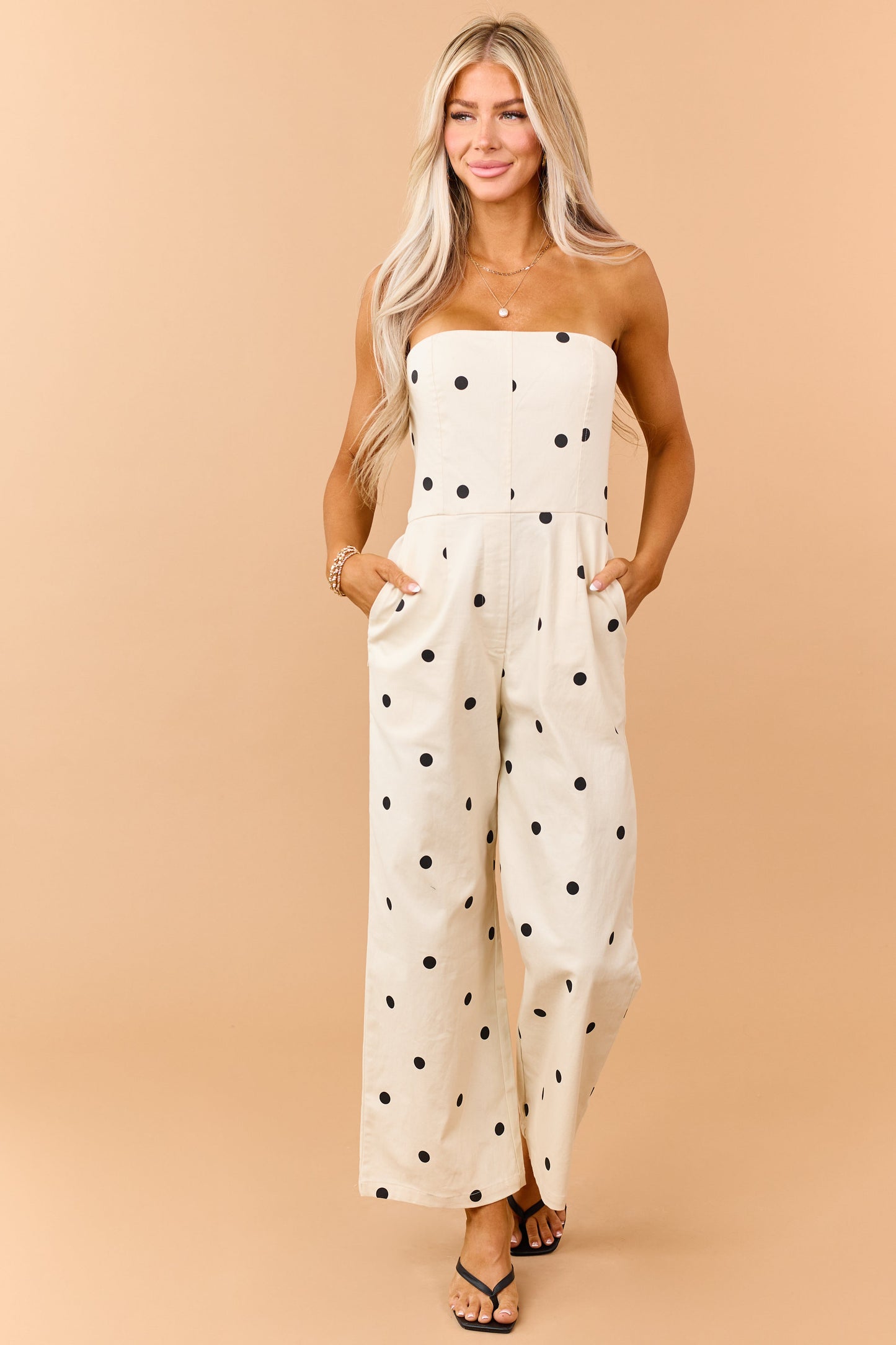 Cream and Black Polka Dot Denim Strapless Jumpsuit