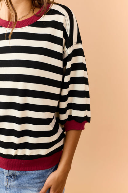 Cream and Black Striped Bubble Sleeve Sweatshirt