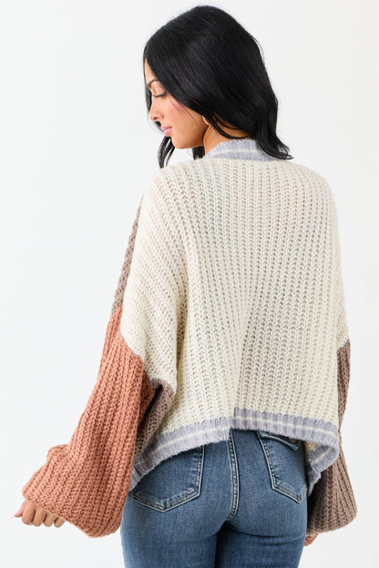 Cream and Coffee Colorblock Puff Sleeve Cardigan
