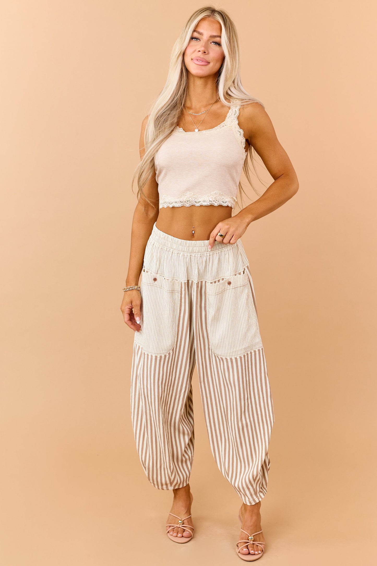 Cream and Latte Striped Wide Crop Pants
