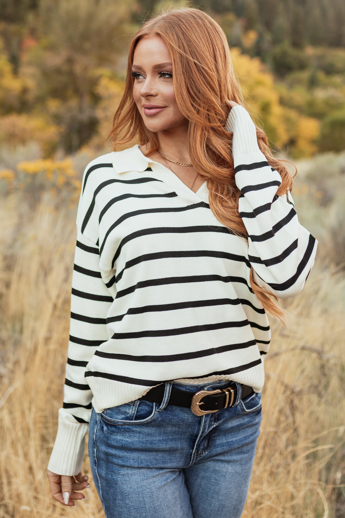 Cream and Black Striped Collared V Neck Sweater