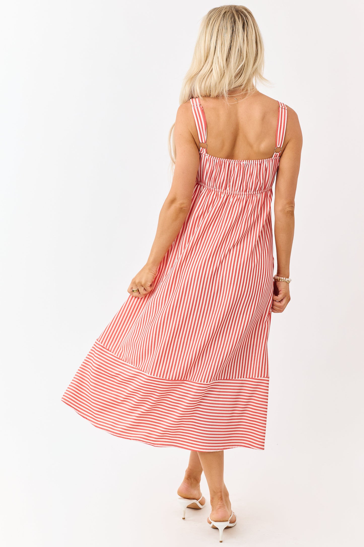 Crimson and Cream Striped Button Detail Midi Dress