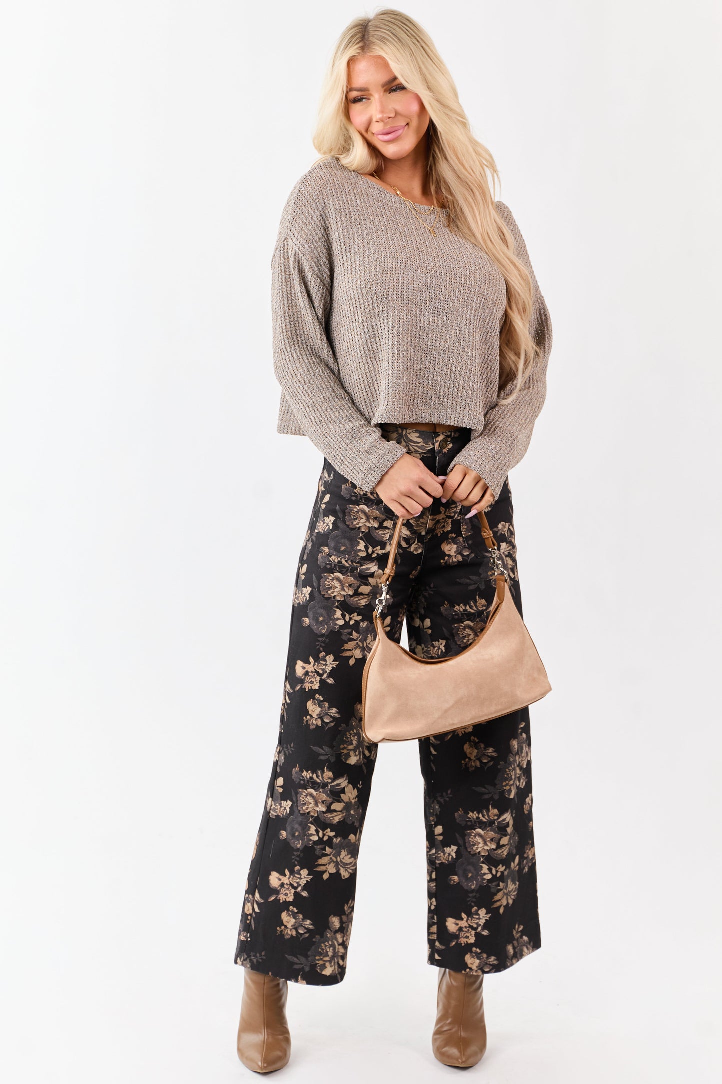 Heathered Taupe Open Knit Boxy Long Sleeve Top